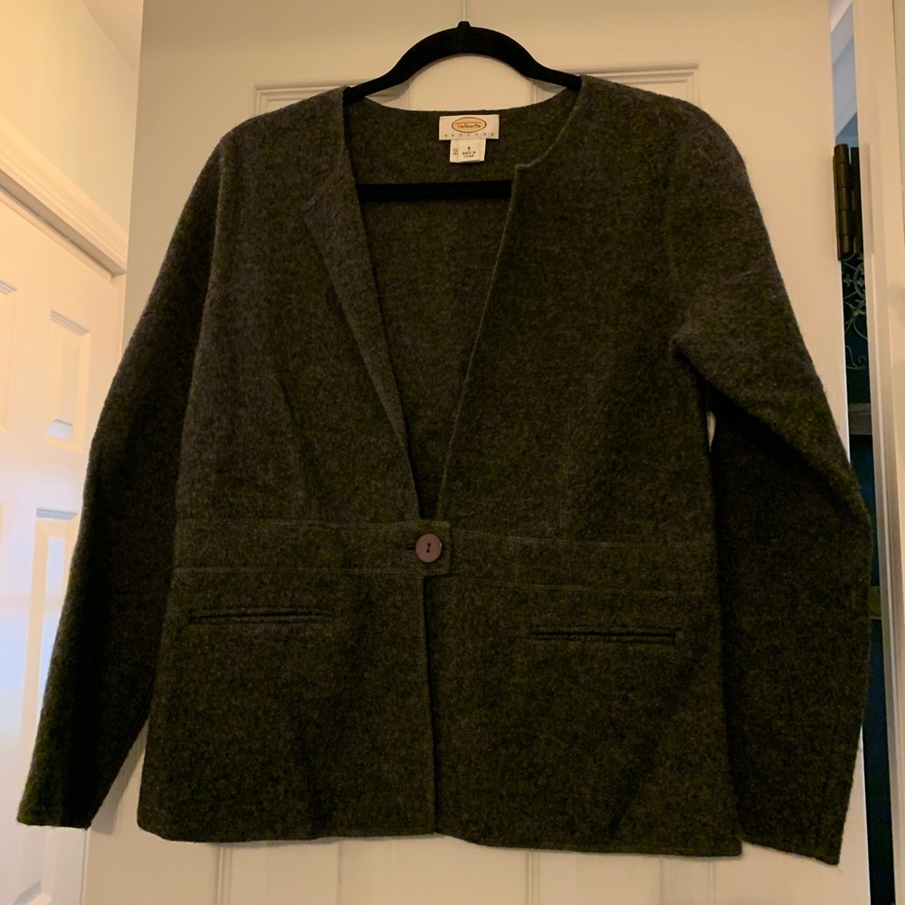 Talbots Petite Small Vintage Wool Charcoal Cardigan Sweater One Button Blazer